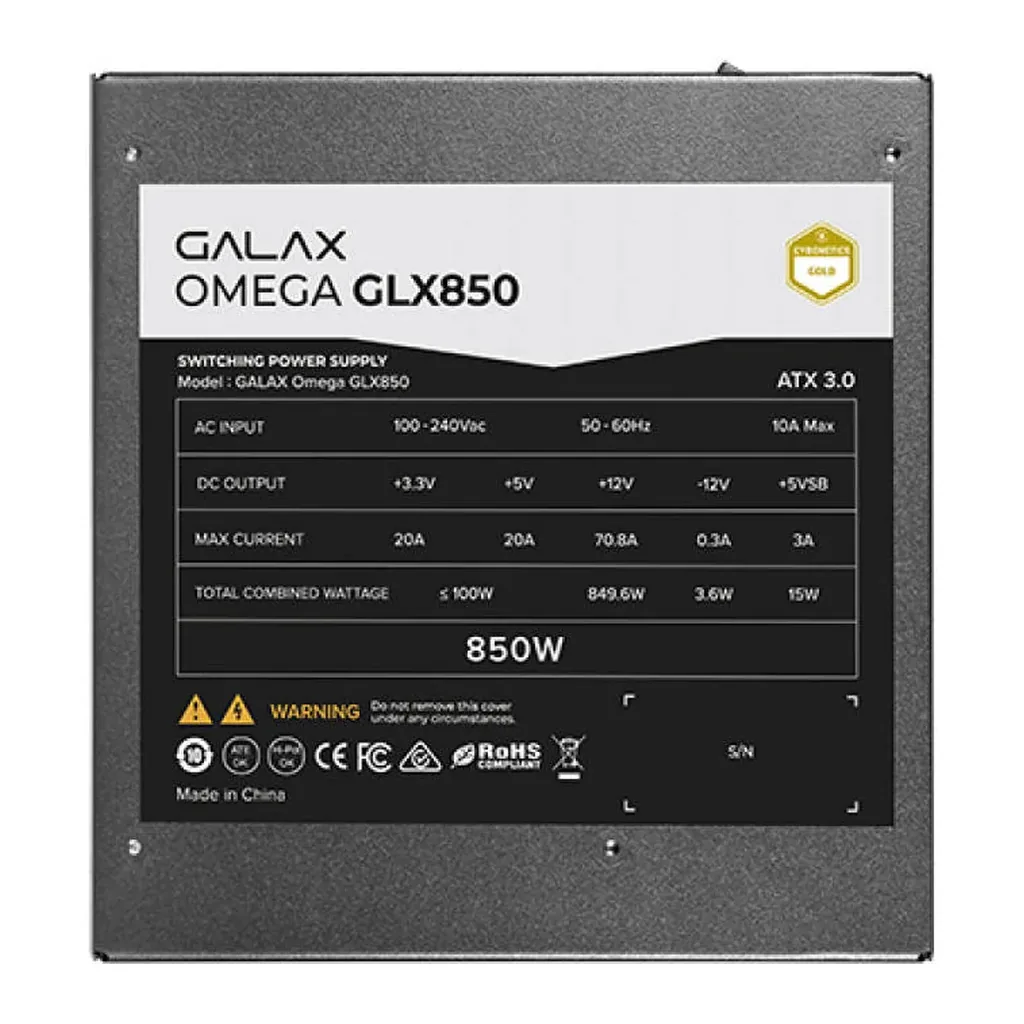 GALAX OMEGA GLX850 Full-Modular Power Supply, 850W Power, 80 PLUS Gold Efficiency, Cybenetics Gold, 105° C-Rated Capacitors, 120mm Fluid Dynamic Bearing, Black | PGO85GPTNAFB0 – Gallery image 1 GALAX OMEGA GLX850 Full-Modular Power Supply, 850W Power, 80 PLUS Gold Efficiency, Cybenetics Gold, 105° C-Rated Capacitors, 120mm Fluid Dynamic Bearing, Black | PGO85GPTNAFB0 – Gallery image 1