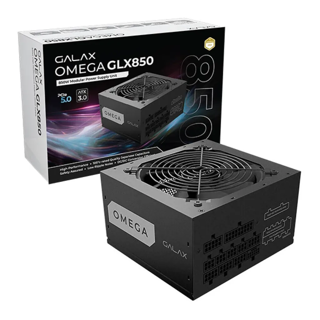 GALAX OMEGA GLX850 Full-Modular Power Supply, 850W Power, 80 PLUS Gold Efficiency, Cybenetics Gold, 105° C-Rated Capacitors, 120mm Fluid Dynamic Bearing, Black | PGO85GPTNAFB0 – Main image GALAX OMEGA GLX850 Full-Modular Power Supply, 850W Power, 80 PLUS Gold Efficiency, Cybenetics Gold, 105° C-Rated Capacitors, 120mm Fluid Dynamic Bearing, Black | PGO85GPTNAFB0 – Main image