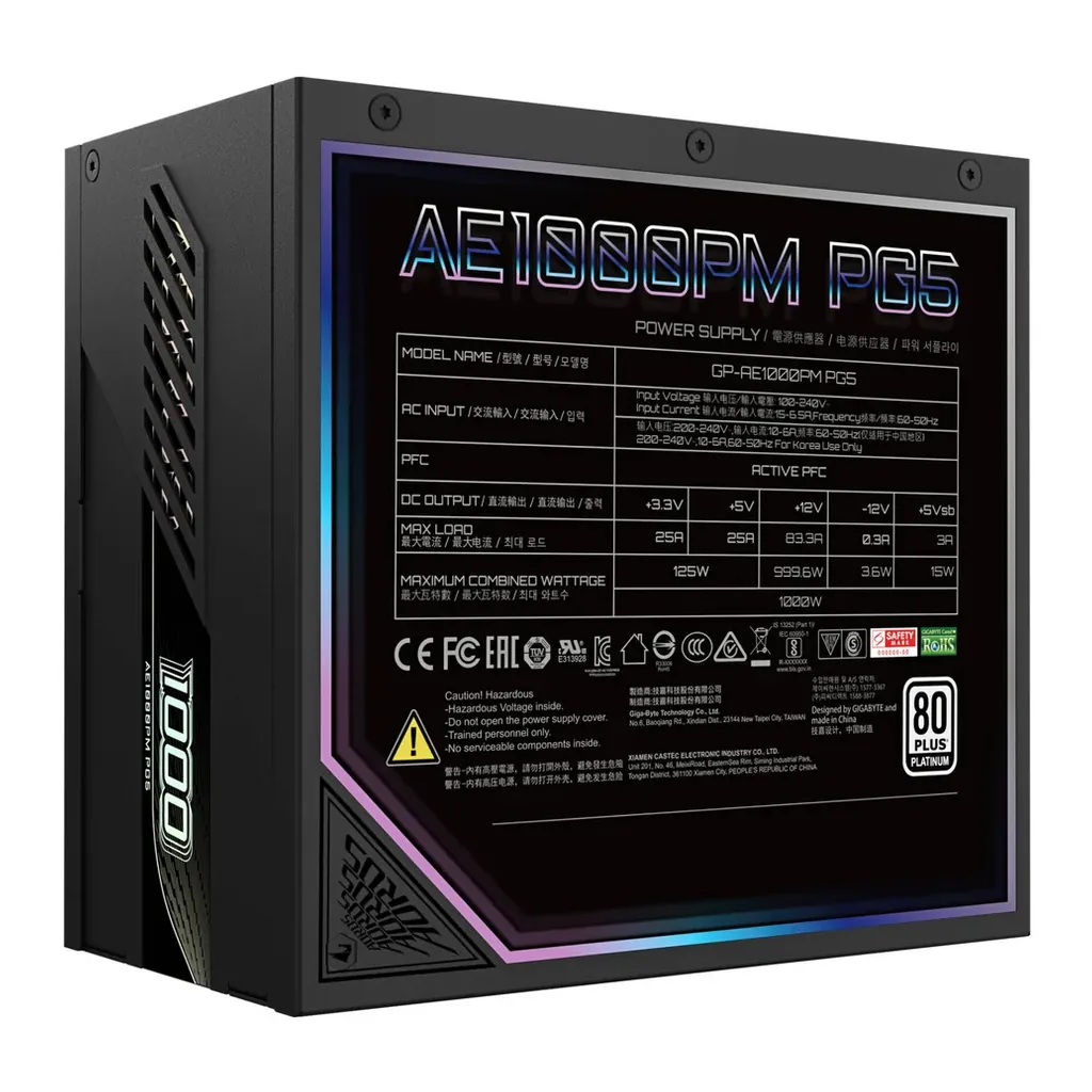 GIGABYTE AORUS ELITE P1000W 80+ Platinum Modular PCIe 5.0 Power Supply, 1000W Power, 80 PLUS Platinum Efficiency, 120mm Fluid Dynamic Bearing Fan, Black | GP-AE1000PM-PG5 – Gallery image 6 GIGABYTE AORUS ELITE P1000W 80+ Platinum Modular PCIe 5.0 Power Supply, 1000W Power, 80 PLUS Platinum Efficiency, 120mm Fluid Dynamic Bearing Fan, Black | GP-AE1000PM-PG5 – Gallery image 6