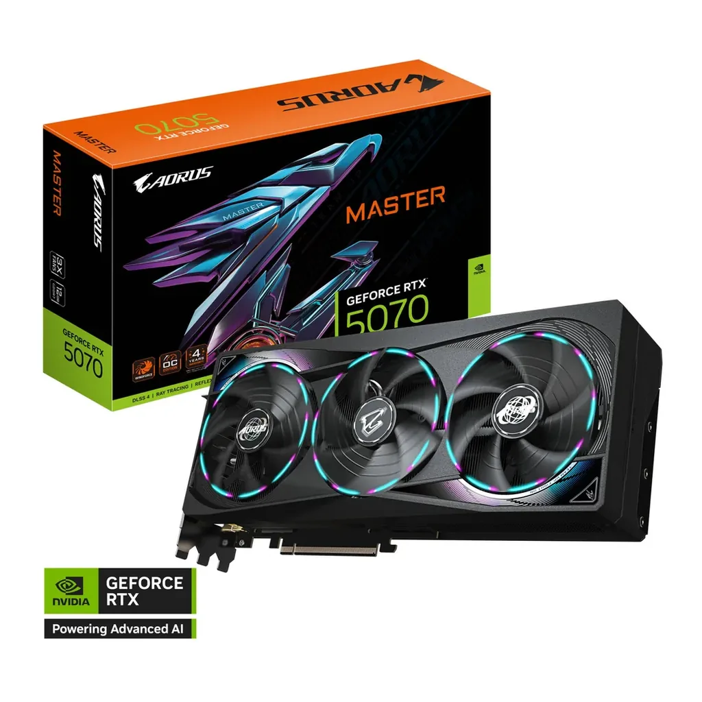 GIGABYTE AORUS GeForce RTX 5070 MASTER Graphics Card, 12GB GDDR7 192-Bit Memory, 2715 MHz Core Clock, 6144 CUDA Cores, 28 Gbps Memory Clock, PCI-Express 5.0 | GV-N5070AORUS M-12GD – Main image GIGABYTE AORUS GeForce RTX 5070 MASTER Graphics Card, 12GB GDDR7 192-Bit Memory, 2715 MHz Core Clock, 6144 CUDA Cores, 28 Gbps Memory Clock, PCI-Express 5.0 | GV-N5070AORUS M-12GD – Main image