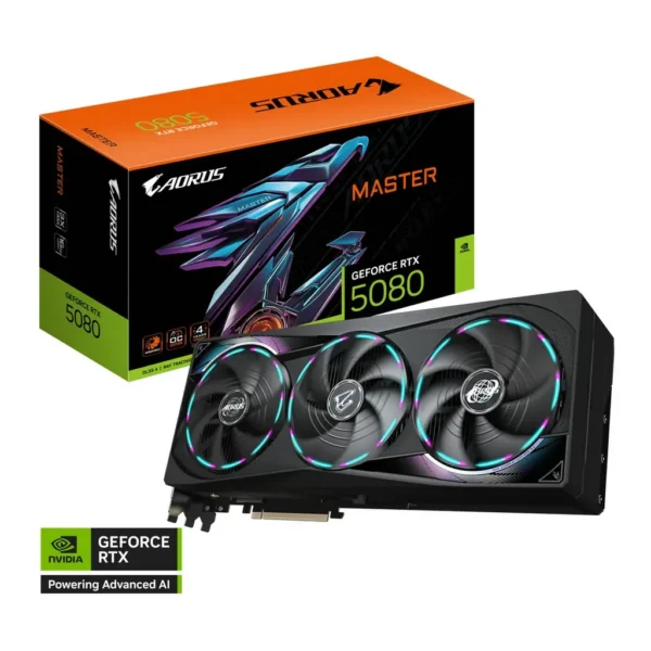 GIGABYTE AORUS GeForce RTX 5080 MASTER Graphics Card, 16GB GDDR7 256-Bit Memory, 2805 MHz Core Clock, 30 Gbps Memory Speed, PCI-Express 5.0 | GV-N5080 – Main image GIGABYTE AORUS GeForce RTX 5080 MASTER Graphics Card, 16GB GDDR7 256-Bit Memory, 2805 MHz Core Clock, 30 Gbps Memory Speed, PCI-Express 5.0 | GV-N5080 – Main image