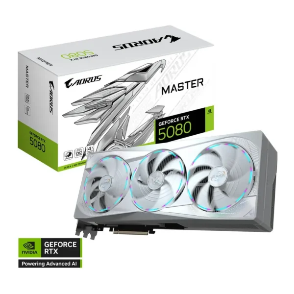 GIGABYTE AORUS GeForce RTX 5080 MASTER ICE Graphics Card, 16GB GDDR7 256-Bit Memory, 2805 MHz Core Clock, 30 Gbps Memory Clock, 10752 CUDA Cores, PCI- – Main image GIGABYTE AORUS GeForce RTX 5080 MASTER ICE Graphics Card, 16GB GDDR7 256-Bit Memory, 2805 MHz Core Clock, 30 Gbps Memory Clock, 10752 CUDA Cores, PCI- – Main image