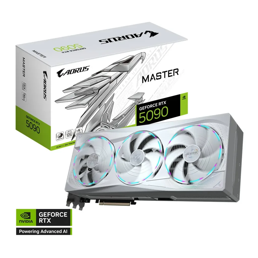 GIGABYTE AORUS GeForce RTX 5090 Master Ice Graphics Card, 32GB GDDR7 512-Bit Memory, 2655 MHz Boost Clock, 21760 CUDA Cores. 28 Gbps Memory Speed, PCI – Main image GIGABYTE AORUS GeForce RTX 5090 Master Ice Graphics Card, 32GB GDDR7 512-Bit Memory, 2655 MHz Boost Clock, 21760 CUDA Cores. 28 Gbps Memory Speed, PCI – Main image