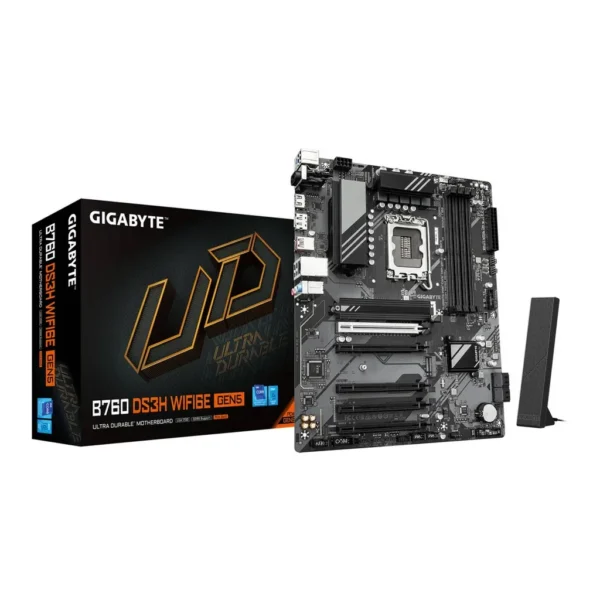 GIGABYTE B760 DS3H WIFI6E GEN5 LGA 1700 ATX Motherboard, Intel B760 Chipset, 4x DDR5 DIMM Slots, 256GB Max Memory, 1x PCIe 5.0 x16, 2x M.2 Slots, WIFI 6E & BT 5.3 | B760-DS3H-WF6E-GEN5 – Main image GIGABYTE B760 DS3H WIFI6E GEN5 LGA 1700 ATX Motherboard, Intel B760 Chipset, 4x DDR5 DIMM Slots, 256GB Max Memory, 1x PCIe 5.0 x16, 2x M.2 Slots, WIFI 6E & BT 5.3 | B760-DS3H-WF6E-GEN5 – Main image