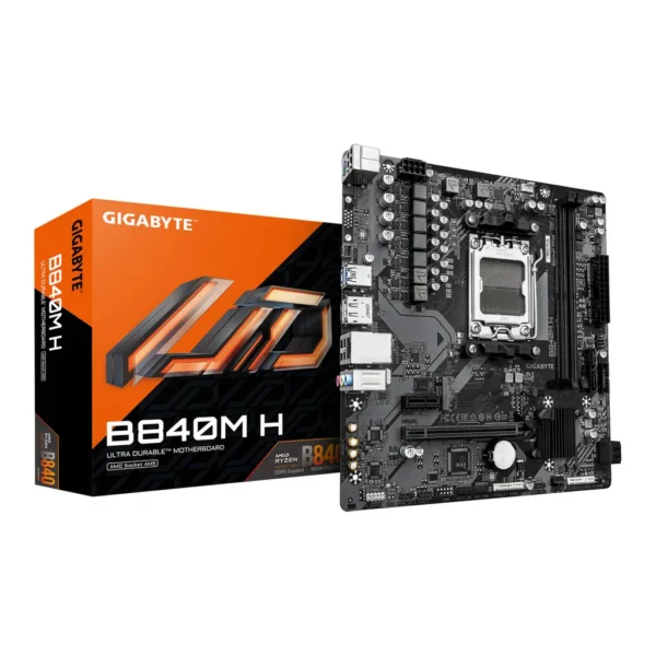 GIGABYTE B840M H M-ATX AM5 Motherboard, AMD B840 Chipset, 2x DDR5 DIMM Slots, 128GB Max Memory, 1 x PCIe 4.0 x16 slot, 1 x PCIe 4.0 M.2 Slot | B840M H – Main image GIGABYTE B840M H M-ATX AM5 Motherboard, AMD B840 Chipset, 2x DDR5 DIMM Slots, 128GB Max Memory, 1 x PCIe 4.0 x16 slot, 1 x PCIe 4.0 M.2 Slot | B840M H – Main image