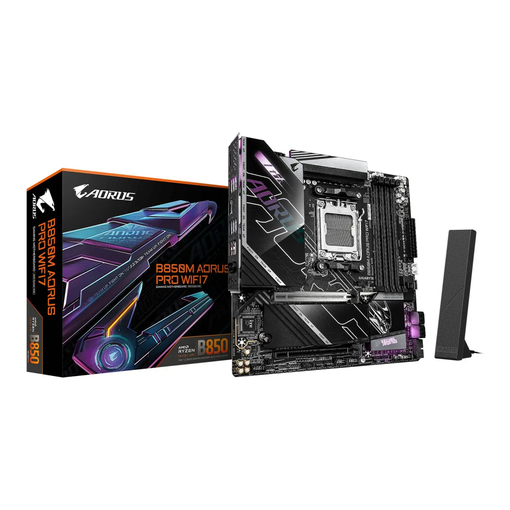 GIGABYTE B850M AORUS PRO WIFI7 AM5 Micro-ATX Motherboard, AMD B850 Chipset, 4x DDR5 DIMM Slots, Up to 256GB Max Memory, 1x PCIe 5.0 x16, 2x M.2 Slots, Wi-Fi 7 & BT5.4 | B850M-A-PRO-WIFI7 – Main image GIGABYTE B850M AORUS PRO WIFI7 AM5 Micro-ATX Motherboard, AMD B850 Chipset, 4x DDR5 DIMM Slots, Up to 256GB Max Memory, 1x PCIe 5.0 x16, 2x M.2 Slots, Wi-Fi 7 & BT5.4 | B850M-A-PRO-WIFI7 – Main image