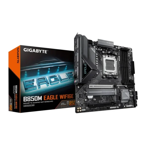 GIGABYTE B850M EAGLE WIFI6E AM5 Micro ATX Motherboard, AMD B850 Chipset, 4x DDR5 DIMM Slots, Up to 256GB Max Memory, 1x PCIe 5.0 Slots, 2x M.2 Slots, WiFi 6E & BT 5.3 | B850M-EAGLE-WF6E – Main image GIGABYTE B850M EAGLE WIFI6E AM5 Micro ATX Motherboard, AMD B850 Chipset, 4x DDR5 DIMM Slots, Up to 256GB Max Memory, 1x PCIe 5.0 Slots, 2x M.2 Slots, WiFi 6E & BT 5.3 | B850M-EAGLE-WF6E – Main image