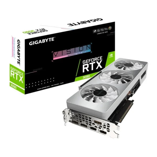 Gigabyte GeForce RTX 3090 Vision OC 24G Graphics Card, ATX, 1755 MHz (Reference Card: 1695 MHz), 24GB GDDR6X, 384-bit, PCI-E 4.0 x 16, DP 1.4a x 3, – Main image Gigabyte GeForce RTX 3090 Vision OC 24G Graphics Card, ATX, 1755 MHz (Reference Card: 1695 MHz), 24GB GDDR6X, 384-bit, PCI-E 4.0 x 16, DP 1.4a x 3, – Main image