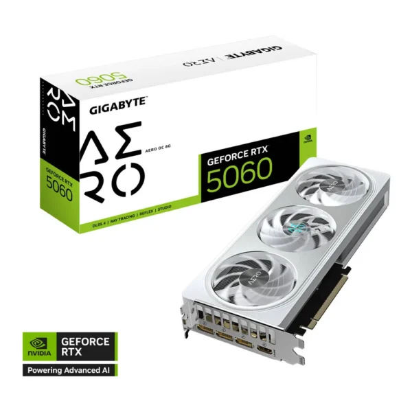 GIGABYTE GeForce RTX 5060 AERO OC Graphics Card, 8GB GDDR7 128-Bit Memory, 2595 MHz Core Clock, 3840 CUDA Cores, 28 Gbps Memory Speed, PCI Express 5.0 – Main image GIGABYTE GeForce RTX 5060 AERO OC Graphics Card, 8GB GDDR7 128-Bit Memory, 2595 MHz Core Clock, 3840 CUDA Cores, 28 Gbps Memory Speed, PCI Express 5.0 – Main image