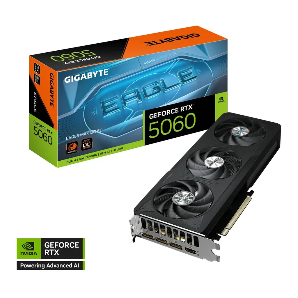 GIGABYTE GeForce RTX 5060 EAGLE MAX OC 8GB Graphics Card, GDDR7 128-Bit Memory, 2550 MHz Core Clock, 28 Gbps Memory Clock, 3840 CUDA Core, PCI-Express – Main image GIGABYTE GeForce RTX 5060 EAGLE MAX OC 8GB Graphics Card, GDDR7 128-Bit Memory, 2550 MHz Core Clock, 28 Gbps Memory Clock, 3840 CUDA Core, PCI-Express – Main image