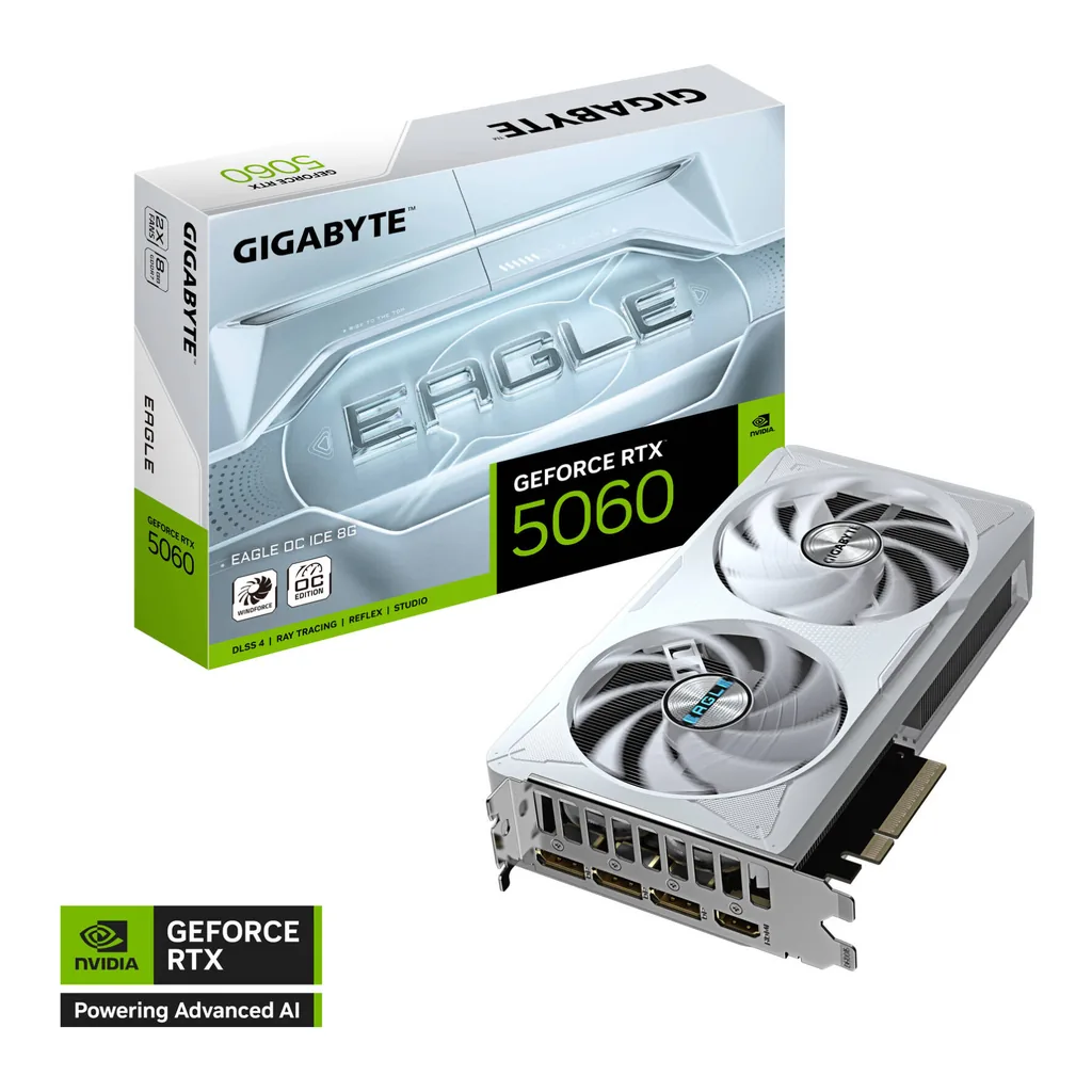 GIGABYTE GeForce RTX 5060 EAGLE OC ICE Graphics Card, 8GB GDDR7 128-Bit Memory, 2497 MHz Core Clock, 28 Gbps Memory Clock, 3840 CUDA Cores, PCI Express 5.0, White – Main image GIGABYTE GeForce RTX 5060 EAGLE OC ICE Graphics Card, 8GB GDDR7 128-Bit Memory, 2497 MHz Core Clock, 28 Gbps Memory Clock, 3840 CUDA Cores, PCI Express 5.0, White – Main image