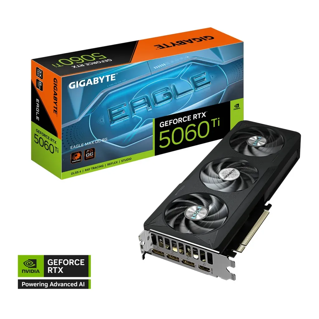 GIGABYTE GeForce RTX 5060 Ti Eagle Max OC Graphics Card, 8GB GDDR7 128-Bit Memory, 2572 MHz Boost Clock, 28 Gbps Memory Speed, 4608 CUDA Cores, PCI Ex – Main image GIGABYTE GeForce RTX 5060 Ti Eagle Max OC Graphics Card, 8GB GDDR7 128-Bit Memory, 2572 MHz Boost Clock, 28 Gbps Memory Speed, 4608 CUDA Cores, PCI Ex – Main image