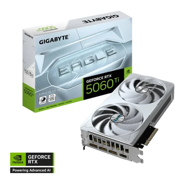 GIGABYTE GeForce RTX 5060 Ti EAGLE OC ICE Graphics Card, 8GB GDDR7 128-Bit, 2617 MHz Core Clock, 28 Gbps Memory Speed, PCI Express 5.0, White | GV-N50 – Main image GIGABYTE GeForce RTX 5060 Ti EAGLE OC ICE Graphics Card, 8GB GDDR7 128-Bit, 2617 MHz Core Clock, 28 Gbps Memory Speed, PCI Express 5.0, White | GV-N50 – Main image