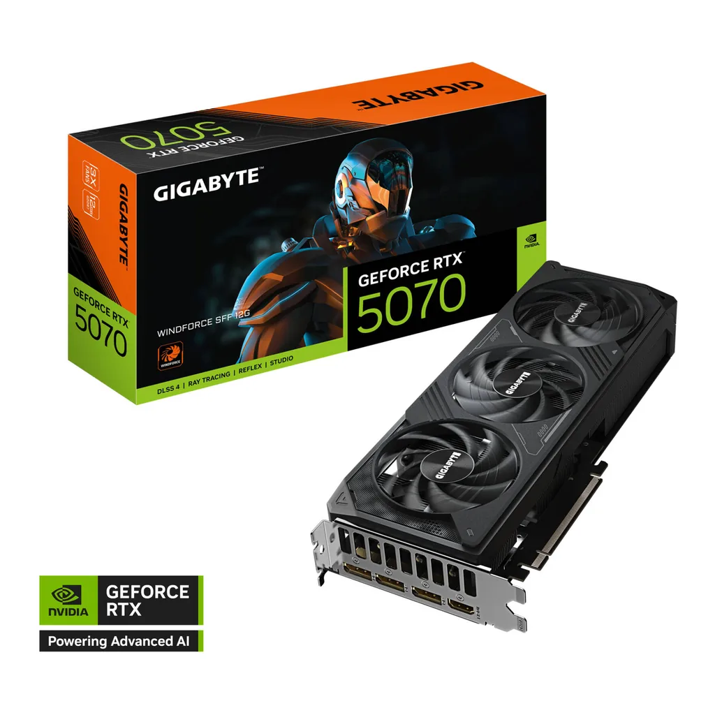 GIGABYTE GeForce RTX 5070 WINDFORCE SFF Graphics Card, 12GB GDDR7 192-Bit Memory, 2512 MHz Core Clock, 6144 CUDA Cores, 28 Gbps Memory Clock, PCI Expr – Main image GIGABYTE GeForce RTX 5070 WINDFORCE SFF Graphics Card, 12GB GDDR7 192-Bit Memory, 2512 MHz Core Clock, 6144 CUDA Cores, 28 Gbps Memory Clock, PCI Expr – Main image