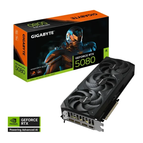 GIGABYTE GeForce RTX 5080 WINDFORCE OC SFF Graphics Card, 16GB GDDR7 256-Bit Memory, 2670 MHz Core Clock, 30 Gbps Memory Clock, PCI Express 5.0, Black | GV-N5080WF3OC-16GD – Main image GIGABYTE GeForce RTX 5080 WINDFORCE OC SFF Graphics Card, 16GB GDDR7 256-Bit Memory, 2670 MHz Core Clock, 30 Gbps Memory Clock, PCI Express 5.0, Black | GV-N5080WF3OC-16GD – Main image