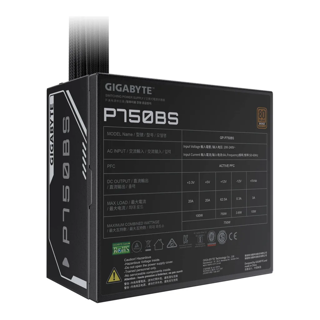 GIGABYTE GP-P750BS Non-Modular Power Supply, 80 Plus Bronze Efficiency, 120mm Silent Fluid Dynamic Bearing Fan, Active PFC, ATX 12V, Single +12V Rail, Black | GP-P750BS – Gallery image 5 GIGABYTE GP-P750BS Non-Modular Power Supply, 80 Plus Bronze Efficiency, 120mm Silent Fluid Dynamic Bearing Fan, Active PFC, ATX 12V, Single +12V Rail, Black | GP-P750BS – Gallery image 5