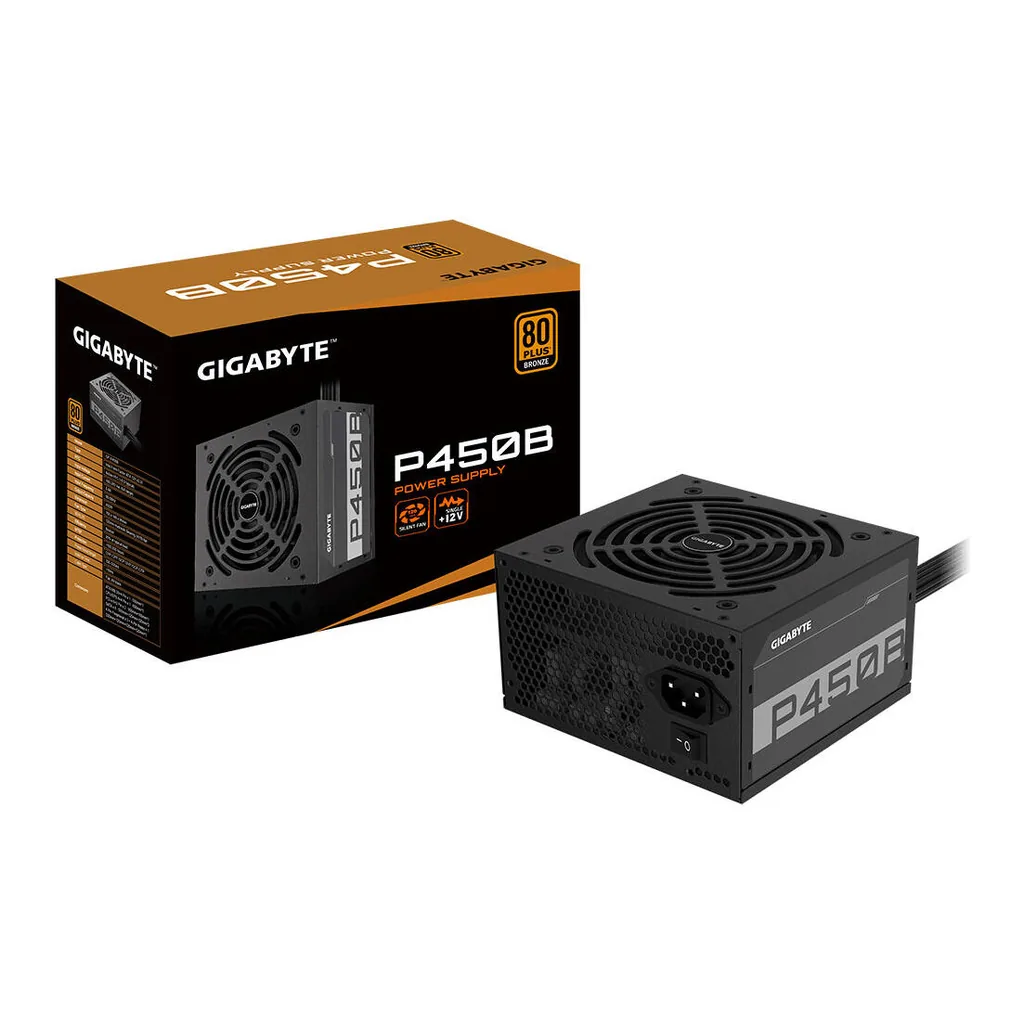 GIGABYTE P450B Non-Modular Power Supply, 450W Power Capacity, 80 PLUS Bronze Efficiency, 120mm Hydraulic Bearing Fan, Active PFC, Black | GP-P450B – Main image GIGABYTE P450B Non-Modular Power Supply, 450W Power Capacity, 80 PLUS Bronze Efficiency, 120mm Hydraulic Bearing Fan, Active PFC, Black | GP-P450B – Main image