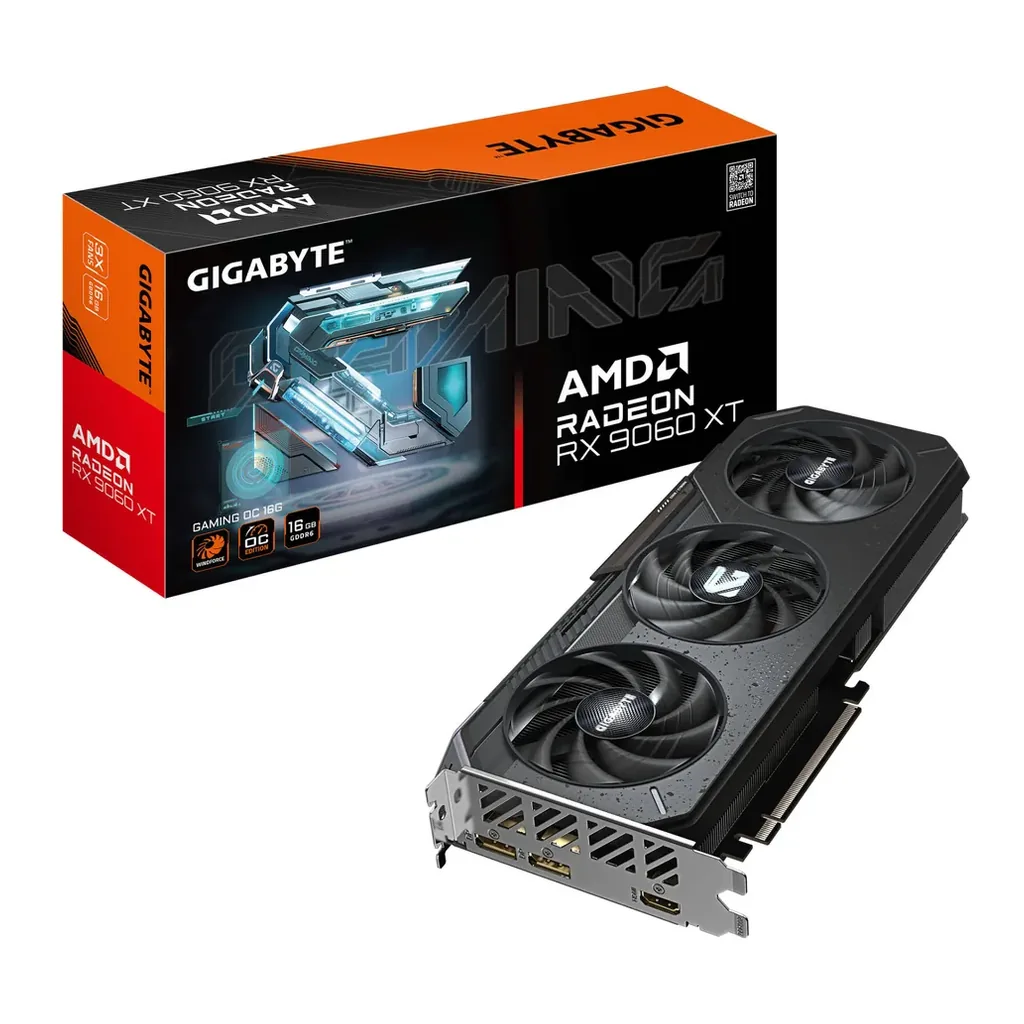 GIGABYTE Radeon RX 9060 XT Gaming OC Graphics Card, 16GB GDDR6 128-Bit Memory, 3320 MHz Boost Clock, 2048 Stream Processors, 20 Gbps Memory Speed, Bla – Main image GIGABYTE Radeon RX 9060 XT Gaming OC Graphics Card, 16GB GDDR6 128-Bit Memory, 3320 MHz Boost Clock, 2048 Stream Processors, 20 Gbps Memory Speed, Bla – Main image