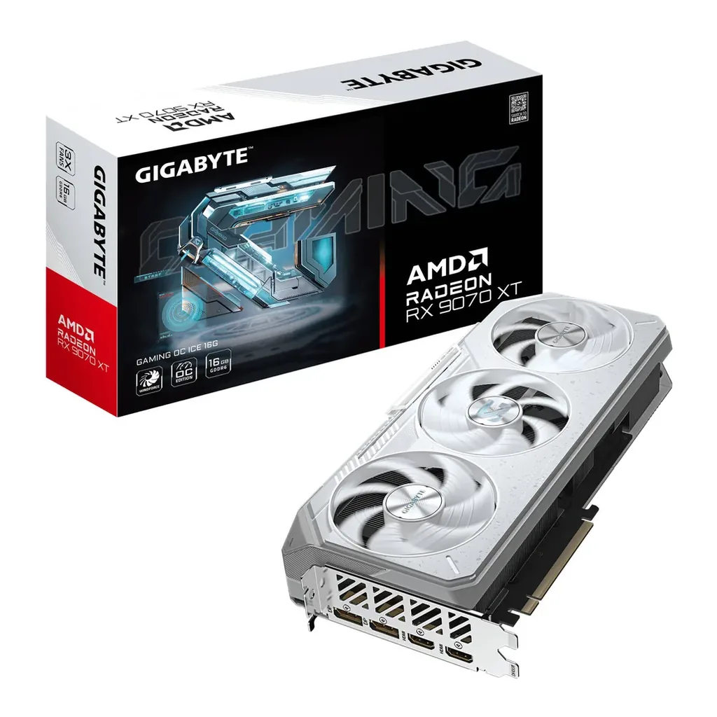 GIGABYTE Radeon RX 9070 XT Gaming OC ICE Graphics Card, 16GB GDDR6 256-Bit Memory, 3060 MHz Boost Clock, 4096 Stream Processors, 20 Gbps Memory Clock | GV-R907XGAMINGOCICE-16GD – Main image GIGABYTE Radeon RX 9070 XT Gaming OC ICE Graphics Card, 16GB GDDR6 256-Bit Memory, 3060 MHz Boost Clock, 4096 Stream Processors, 20 Gbps Memory Clock | GV-R907XGAMINGOCICE-16GD – Main image