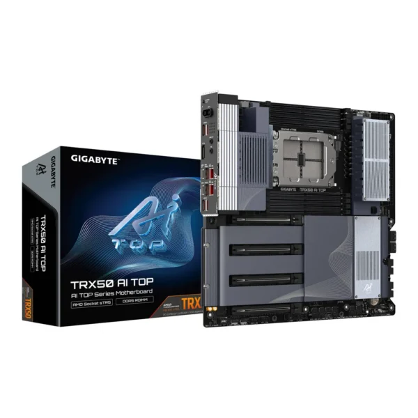 GIGABYTE TRX50 AI TOP E ATX sTR5 Motherboard, AMD TRX50 Chipset, 8x DDR5 DIMM Slots, Up to 2TB Max Memory, Wi-Fi 7 & BT 5.3 Connectivity, 4x PCIe 5.0 x16 Slot, 4x PCIe 5.0 M.2 UD Slots | TRX50-AI-TOP – Main image GIGABYTE TRX50 AI TOP E ATX sTR5 Motherboard, AMD TRX50 Chipset, 8x DDR5 DIMM Slots, Up to 2TB Max Memory, Wi-Fi 7 & BT 5.3 Connectivity, 4x PCIe 5.0 x16 Slot, 4x PCIe 5.0 M.2 UD Slots | TRX50-AI-TOP – Main image