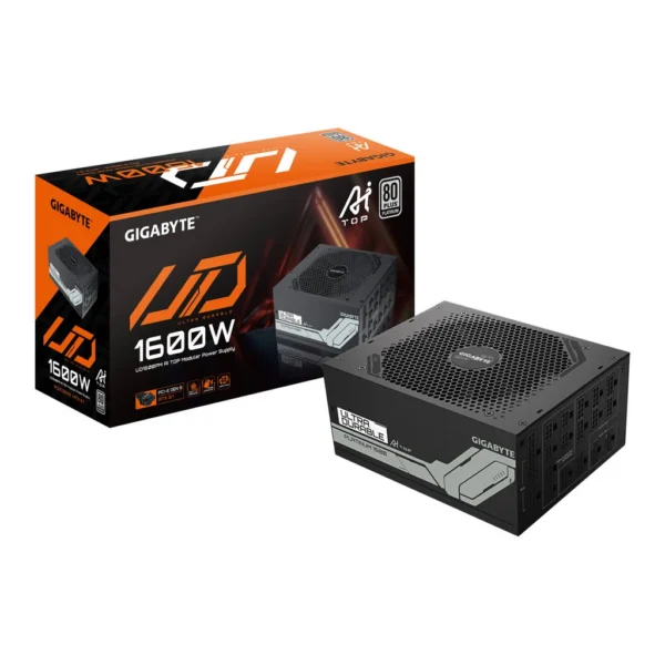 GIGABYTE UD1600PM PG5 AI TOP Fully Modular Power Suppler, 1600W Power, 80 PLUS Platinum Efficiency, 140mm Double Ball Bearing Fan, ATX 12V v3.1, PCIe Gen 5.0, Black | UD1600PM-PG5 – Main image GIGABYTE UD1600PM PG5 AI TOP Fully Modular Power Suppler, 1600W Power, 80 PLUS Platinum Efficiency, 140mm Double Ball Bearing Fan, ATX 12V v3.1, PCIe Gen 5.0, Black | UD1600PM-PG5 – Main image