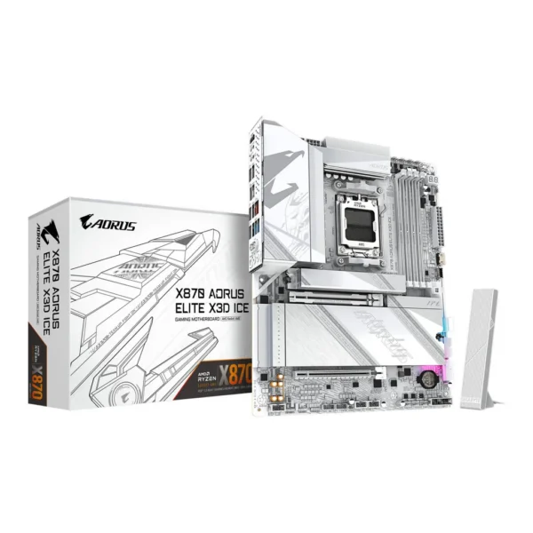 GIGABYTE X870 AORUS ELITE X3D ICE AM5 ATX Motherboard, AMD X870 Chipset, 4x DDR5 DIMM Slots, Up to 256GB Max Memory, 1x PCIe 5.0 x16 with PCIe UD Slot X, 4x M.2 Slots | X870 AORUS ELITE X3D ICE – Main image GIGABYTE X870 AORUS ELITE X3D ICE AM5 ATX Motherboard, AMD X870 Chipset, 4x DDR5 DIMM Slots, Up to 256GB Max Memory, 1x PCIe 5.0 x16 with PCIe UD Slot X, 4x M.2 Slots | X870 AORUS ELITE X3D ICE – Main image