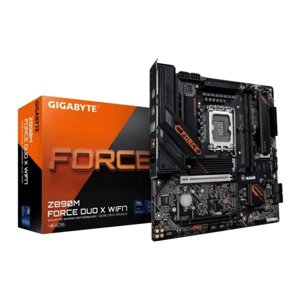 GIGABYTE Z890M FORCE DUO X WIFI7 LGA 1851 Micro ATX Motherboard, Intel Z890 Chipset, 2x DDR5 DIMM Slots, Up to 256GB Max Memory, 1x PCIe 5.0 x16 with PCIe UD Slot, 5x M.2 Slots | Z890M-F-D-X-WIFI7 – Main image GIGABYTE Z890M FORCE DUO X WIFI7 LGA 1851 Micro ATX Motherboard, Intel Z890 Chipset, 2x DDR5 DIMM Slots, Up to 256GB Max Memory, 1x PCIe 5.0 x16 with PCIe UD Slot, 5x M.2 Slots | Z890M-F-D-X-WIFI7 – Main image