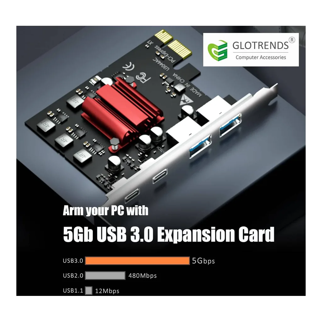 GLOTRENDS U3044AC 4-Port PCIe USB Expansion Card, 2x USB-C & 2x USB-A, USB 3.2 Gen 1, for Windows & Linux | U3044AC – Gallery image 4 GLOTRENDS U3044AC 4-Port PCIe USB Expansion Card, 2x USB-C & 2x USB-A, USB 3.2 Gen 1, for Windows & Linux | U3044AC – Gallery image 4
