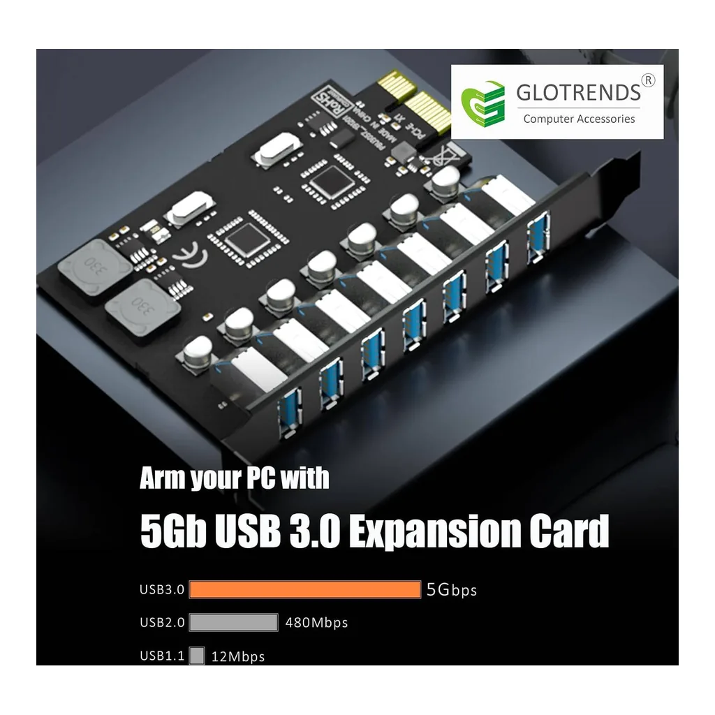 GLOTRENDS U3057 7-Port PCIe USB Expansion Card, USB 3.2 Gen 1, 7x USB-A Ports for Windows & Linux | U3057 – Gallery image 3 GLOTRENDS U3057 7-Port PCIe USB Expansion Card, USB 3.2 Gen 1, 7x USB-A Ports for Windows & Linux | U3057 – Gallery image 3