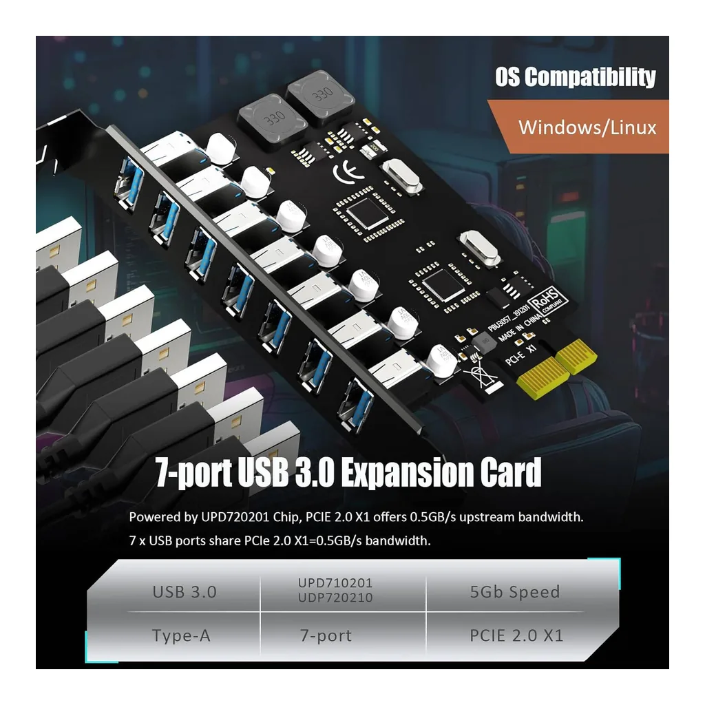 GLOTRENDS U3057 7-Port PCIe USB Expansion Card, USB 3.2 Gen 1, 7x USB-A Ports for Windows & Linux | U3057 – Gallery image 5 GLOTRENDS U3057 7-Port PCIe USB Expansion Card, USB 3.2 Gen 1, 7x USB-A Ports for Windows & Linux | U3057 – Gallery image 5