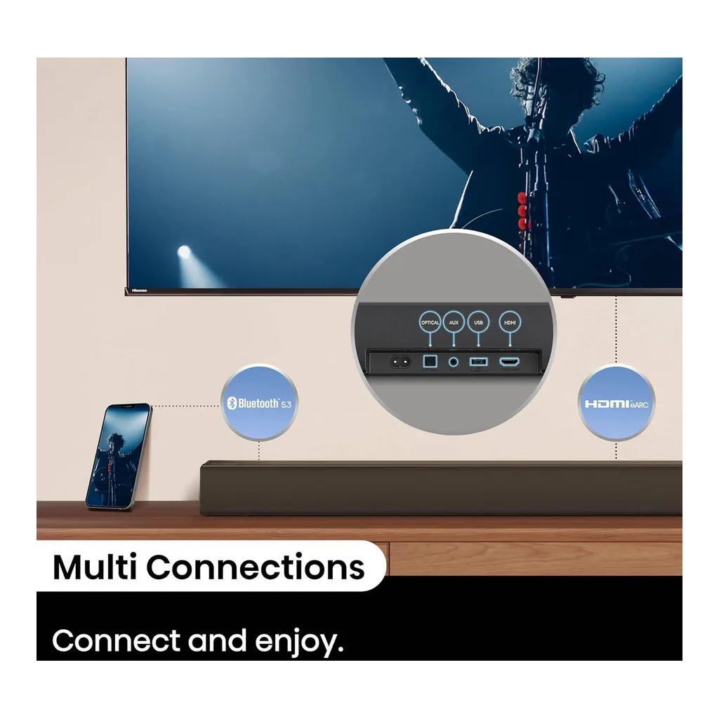Hisense 3.1CH Soundbar, 500W Output Power, Wireless 6.5 Inch Subwoofer, Dolby Atmos, Bluetooth 5.3, HDMI eARC, Optical, AUX, USB Connectivity, Hi Concerto, EZPlay, Black | AX3100Q – Gallery image 2 Hisense 3.1CH Soundbar, 500W Output Power, Wireless 6.5 Inch Subwoofer, Dolby Atmos, Bluetooth 5.3, HDMI eARC, Optical, AUX, USB Connectivity, Hi Concerto, EZPlay, Black | AX3100Q – Gallery image 2