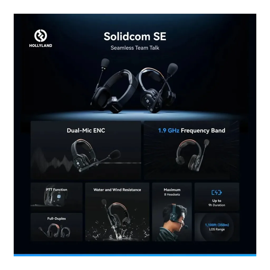 Hollyland Solidcom SE Full Duplex 2-Users ENC Noise Cancellation Wireless Intercom Headset System 1100ft Team Communication with PTT Mute Single Ear Headset for TV Film Production (2.4GHz Version) – Main image Hollyland Solidcom SE Full Duplex 2-Users ENC Noise Cancellation Wireless Intercom Headset System 1100ft Team Communication with PTT Mute Single Ear Headset for TV Film Production (2.4GHz Version) – Main image