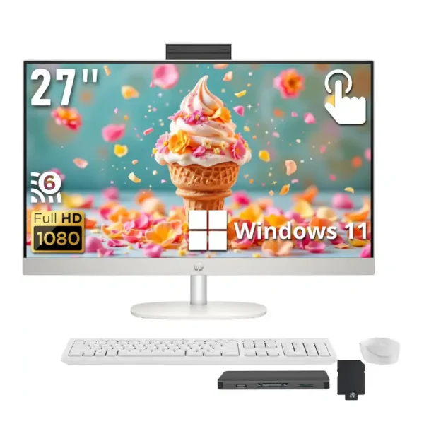 HP 27" FHD Touch All-in-One Desktop,AMD Ryzen 5 7520U,16GB RAM,1TB SSD+160GB Dock Set,Keyboard&Mouse,Win 11,White – Main image HP 27" FHD Touch All-in-One Desktop,AMD Ryzen 5 7520U,16GB RAM,1TB SSD+160GB Dock Set,Keyboard&Mouse,Win 11,White – Main image