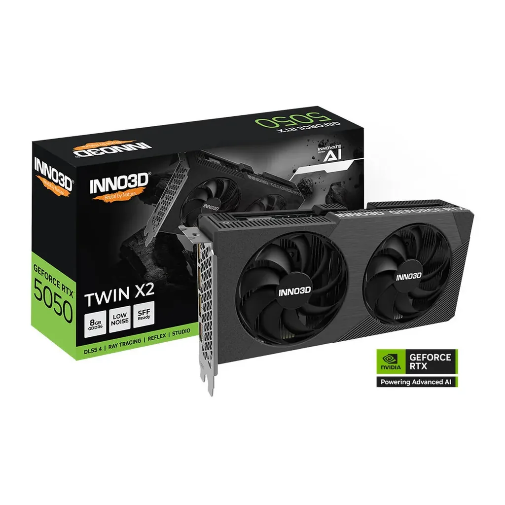 Inno3D GeForce RTX 5050 TWIN X2 8GB Graphics Card, GDDR6 128-Bit Memory, 2317 MHz Base Clock, 20 Gbps Memory Clock, 2560 CUDA Cores, PCI Express Gen 5 – Main image Inno3D GeForce RTX 5050 TWIN X2 8GB Graphics Card, GDDR6 128-Bit Memory, 2317 MHz Base Clock, 20 Gbps Memory Clock, 2560 CUDA Cores, PCI Express Gen 5 – Main image