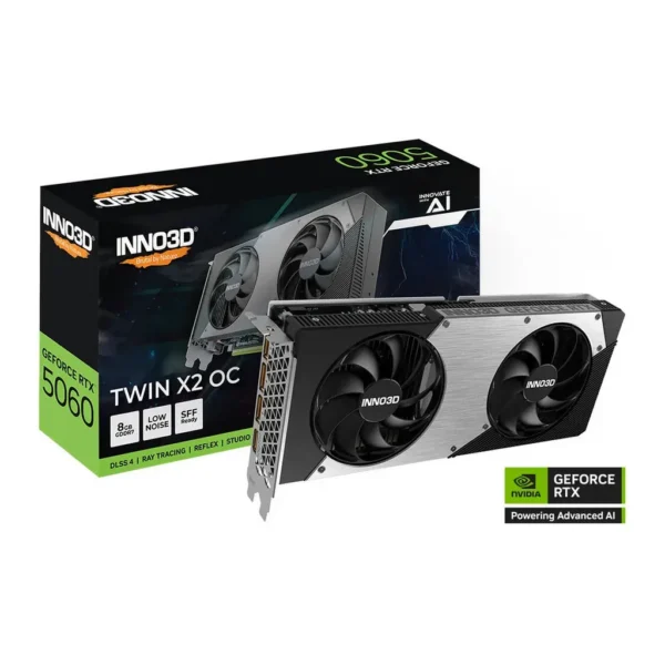Inno3D GeForce RTX 5060 TWIN X2 OC 8GB Graphics Card, GDDR7 128-Bit Memory, 2280 MHz Base Clock, 28 Gbps Memory Clock, 3840 CUDA Cores, PCI Express Ge – Main image Inno3D GeForce RTX 5060 TWIN X2 OC 8GB Graphics Card, GDDR7 128-Bit Memory, 2280 MHz Base Clock, 28 Gbps Memory Clock, 3840 CUDA Cores, PCI Express Ge – Main image