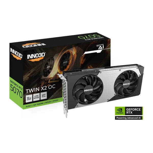 Inno3D GeForce RTX 5070 TWIN X2 OC 12GB Graphics Card, GDDR7 192-Bit Memory, 2325 MHz Base Clock, 28 Gbps Memory Clock, 6144 CUDA Cores, PCI Express G – Main image Inno3D GeForce RTX 5070 TWIN X2 OC 12GB Graphics Card, GDDR7 192-Bit Memory, 2325 MHz Base Clock, 28 Gbps Memory Clock, 6144 CUDA Cores, PCI Express G – Main image