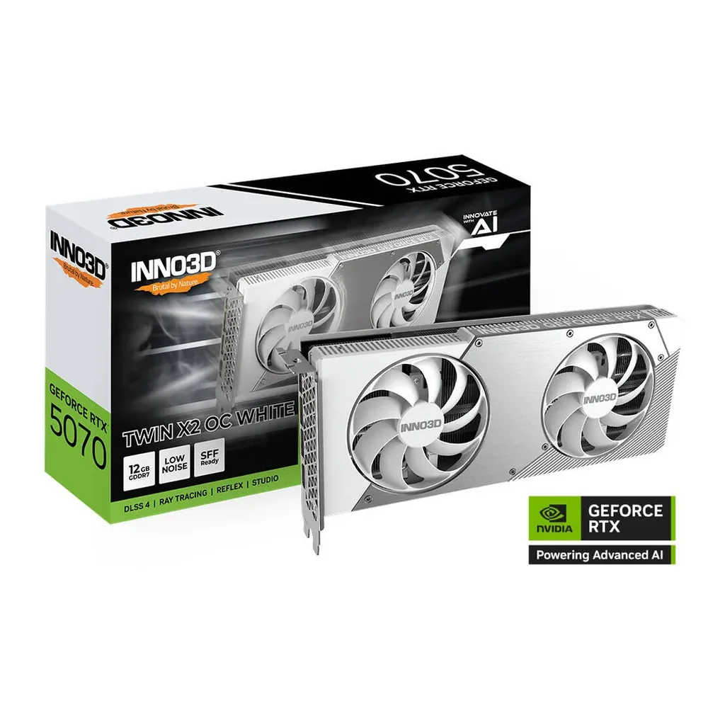Inno3D GeForce RTX 5070 TWIN X2 OC 12GB Graphics Card, GDDR7 192-Bit Memory, 2325 MHz Base Clock, 28 Gbps Memory Clock, 6144 CUDA Cores, PCI Express G – Main image Inno3D GeForce RTX 5070 TWIN X2 OC 12GB Graphics Card, GDDR7 192-Bit Memory, 2325 MHz Base Clock, 28 Gbps Memory Clock, 6144 CUDA Cores, PCI Express G – Main image