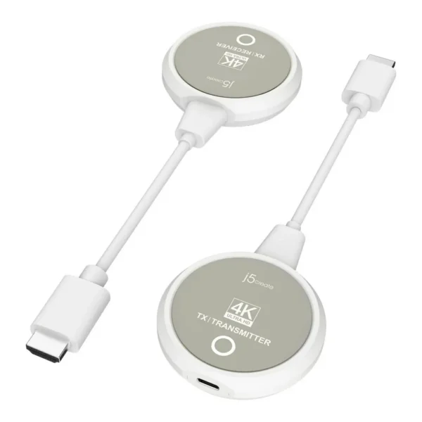 J5create ScreenCast 4K Wireless Display HDMI Extender, 4K@30Hz & 1080p@60Hz Video Support, Up to 98.4 ft (30m) Wireless Range, Low Latency Up to 130ms, White | J5-JVAW75 – Main image J5create ScreenCast 4K Wireless Display HDMI Extender, 4K@30Hz & 1080p@60Hz Video Support, Up to 98.4 ft (30m) Wireless Range, Low Latency Up to 130ms, White | J5-JVAW75 – Main image