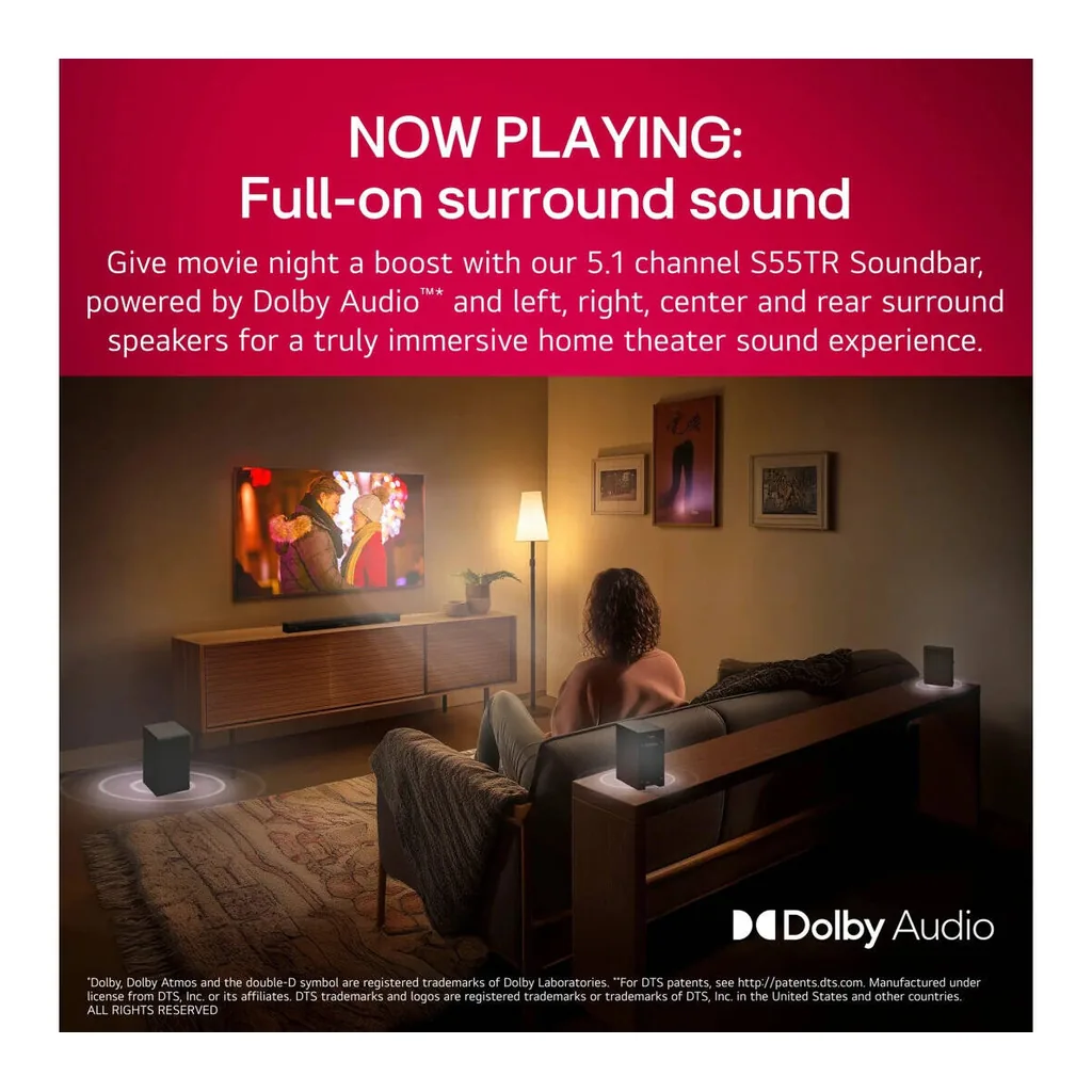 LG S55TR Soundbar, 5.1 Channel, Sound Bar Mode Control, Customize EQ, Dynamic Range Control, Dolby Audio, WOW Orchestra, Night Mode, USB Playback, Bluetooth, Remote Control, Black | S55TR – Gallery image 3 LG S55TR Soundbar, 5.1 Channel, Sound Bar Mode Control, Customize EQ, Dynamic Range Control, Dolby Audio, WOW Orchestra, Night Mode, USB Playback, Bluetooth, Remote Control, Black | S55TR – Gallery image 3