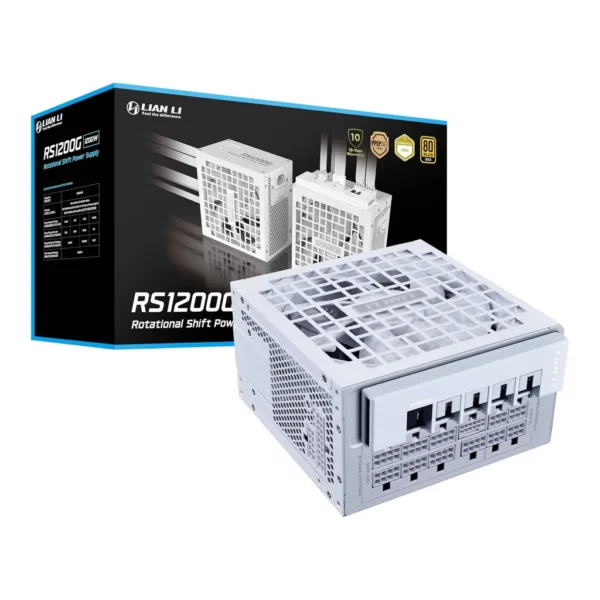 Lian Li RS Rotational Shift Fully Modular Power Supply, 1200W Power, 80 Plus Gold Efficiency, 135mm Cooling Fan, German EPCOS Industrial-Grade Capacitors, ATX 3.1 Ready, White | RS1200G.WH00 – Main image Lian Li RS Rotational Shift Fully Modular Power Supply, 1200W Power, 80 Plus Gold Efficiency, 135mm Cooling Fan, German EPCOS Industrial-Grade Capacitors, ATX 3.1 Ready, White | RS1200G.WH00 – Main image
