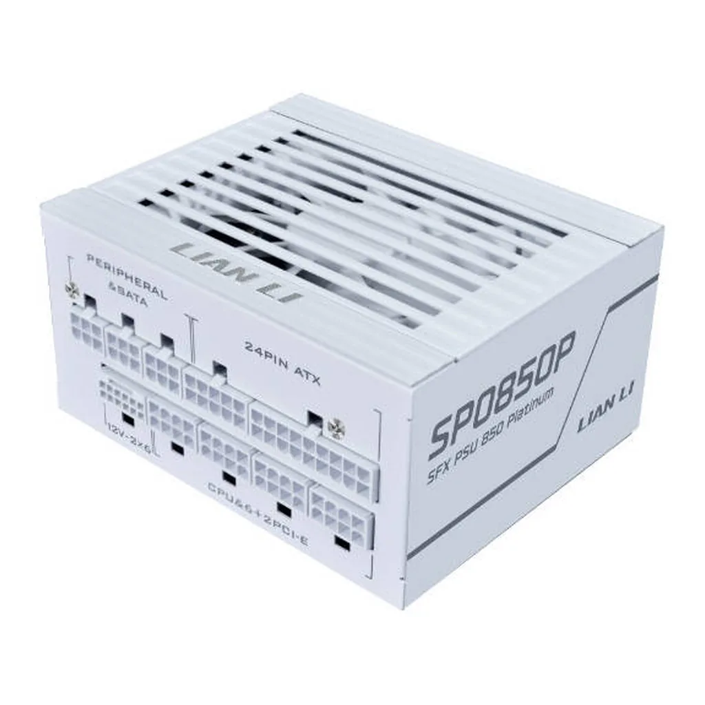 Lian Li SP850 Platinum Fully Modular Power Supply, 850W Power, 80 PLUS Platinum Efficiency, 92mm FDB Smart Fan, Japanese Rubycon 105°C Capacitors, SFX Form Factor, ATX 3.1, White | SP0850P – Main image Lian Li SP850 Platinum Fully Modular Power Supply, 850W Power, 80 PLUS Platinum Efficiency, 92mm FDB Smart Fan, Japanese Rubycon 105°C Capacitors, SFX Form Factor, ATX 3.1, White | SP0850P – Main image