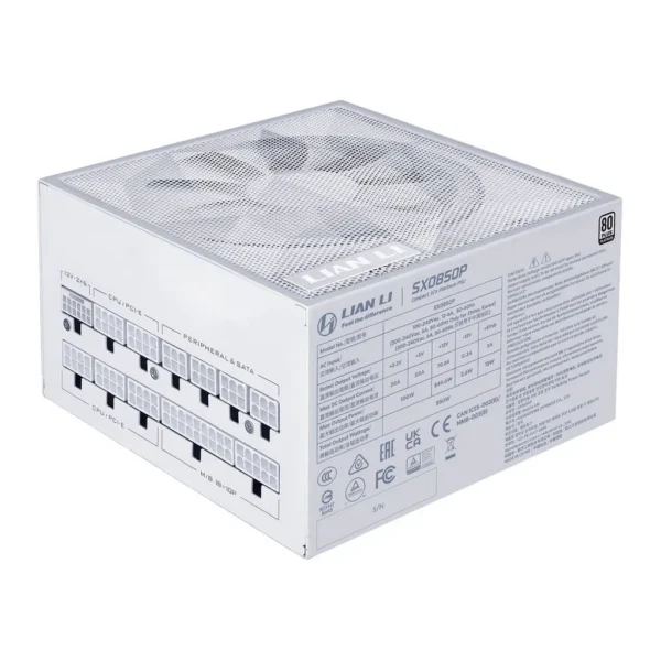 Lian Li SX Platinum 80 PLUS Platinum Fully-Modular ATX 3.1 Power Supply, 850W, 120mm FDB Fan, White | SX0850P – Main image Lian Li SX Platinum 80 PLUS Platinum Fully-Modular ATX 3.1 Power Supply, 850W, 120mm FDB Fan, White | SX0850P – Main image