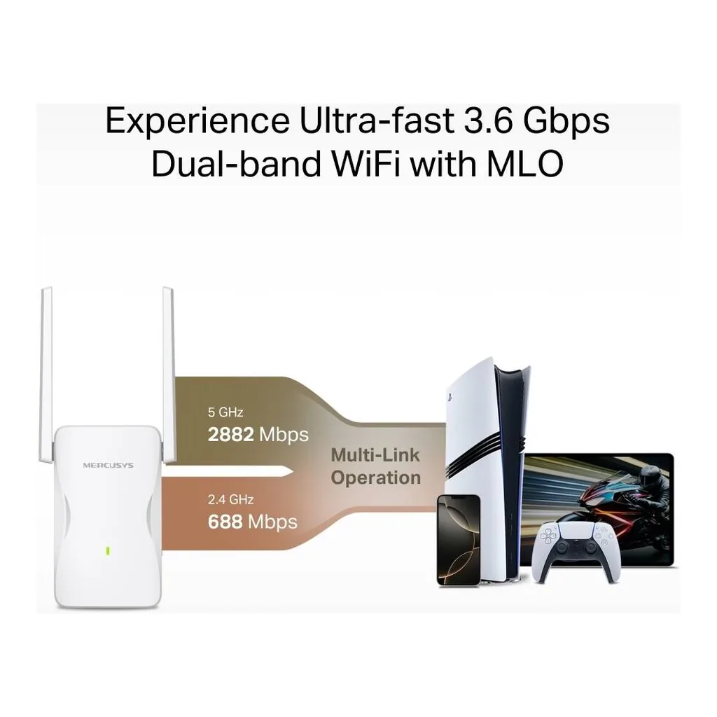 Mercusys ME25BE Dual Band Wi-Fi 7 Range Extender, BE3600, 2882Mbps 5GHz, 688Mbps 2.4GHz, MLO, 4K-QAM, 1x 1G Port, EasyMesh, AP Mode, WPS, Multicolor LED, WPA3 | ME25BE – Gallery image 3 Mercusys ME25BE Dual Band Wi-Fi 7 Range Extender, BE3600, 2882Mbps 5GHz, 688Mbps 2.4GHz, MLO, 4K-QAM, 1x 1G Port, EasyMesh, AP Mode, WPS, Multicolor LED, WPA3 | ME25BE – Gallery image 3