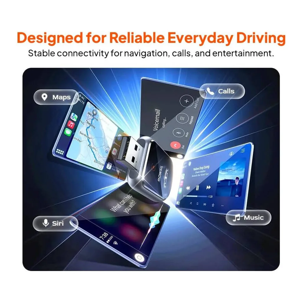 Mowsil Wireless CarPlay & Android Auto Adapter, Plug & Play USB Dongle with Bluetooth 5.2 & WiFi, Convert Wired CarPlay to Wireless, LED Status Indicator, Portable Car Accessory, Black | MOCPB1 – Gallery image 3 Mowsil Wireless CarPlay & Android Auto Adapter, Plug & Play USB Dongle with Bluetooth 5.2 & WiFi, Convert Wired CarPlay to Wireless, LED Status Indicator, Portable Car Accessory, Black | MOCPB1 – Gallery image 3