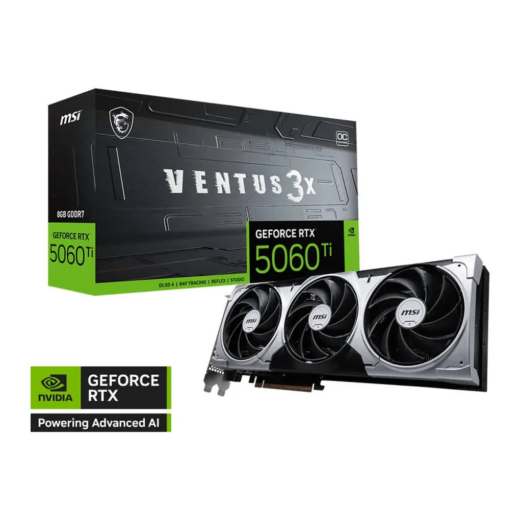 MSI GeForce RTX 5060 Ti 8G VENTUS 3X OC Graphics Card, 8GB GDDR7 128-Bit Memory, 2602 MHz Boost Clock, 28 Gbps Memory Speed, 4608 CUDA Cores, PCI Expr – Main image MSI GeForce RTX 5060 Ti 8G VENTUS 3X OC Graphics Card, 8GB GDDR7 128-Bit Memory, 2602 MHz Boost Clock, 28 Gbps Memory Speed, 4608 CUDA Cores, PCI Expr – Main image