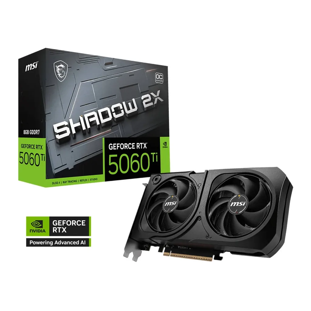 MSI GeForce RTX 5060 Ti 8GB SHADOW 2X OC PLUS Graphics Card, GDDR7 128-Bit Memory, 2602 MHz Boost Clock, 28 Gbps Memory Speed, 4608 CUDA Cores, PCI Ex – Main image MSI GeForce RTX 5060 Ti 8GB SHADOW 2X OC PLUS Graphics Card, GDDR7 128-Bit Memory, 2602 MHz Boost Clock, 28 Gbps Memory Speed, 4608 CUDA Cores, PCI Ex – Main image