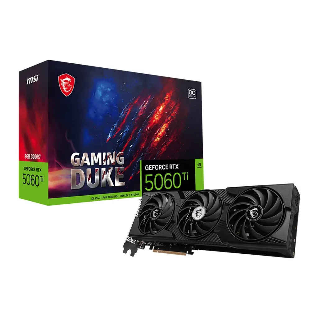 MSI GeForce RTX 5060 Ti GAMING DUKE 3X OC Graphics Card, 8GB GDDR7 128-Bit Memory, 2617 MHz Boost Clock, 28 Gbps Memory Speed, 4608 CUDA Cores, PCI Ex – Main image MSI GeForce RTX 5060 Ti GAMING DUKE 3X OC Graphics Card, 8GB GDDR7 128-Bit Memory, 2617 MHz Boost Clock, 28 Gbps Memory Speed, 4608 CUDA Cores, PCI Ex – Main image