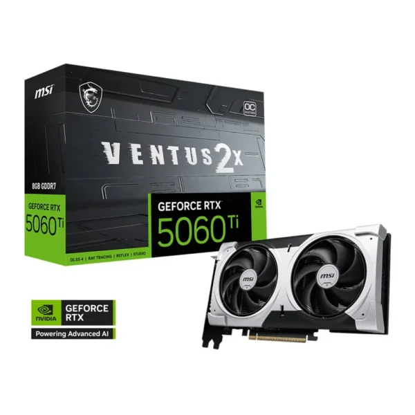 MSI GeForce RTX 5060 Ti VENTUS 2X OC PLUS Graphics Card, 8GB GDDR7 128-Bit Memory, 2602 MHz Boost Clocks, 28 Gbps Memory Speed, 4608 CUDA Cores, PCI E – Main image MSI GeForce RTX 5060 Ti VENTUS 2X OC PLUS Graphics Card, 8GB GDDR7 128-Bit Memory, 2602 MHz Boost Clocks, 28 Gbps Memory Speed, 4608 CUDA Cores, PCI E – Main image