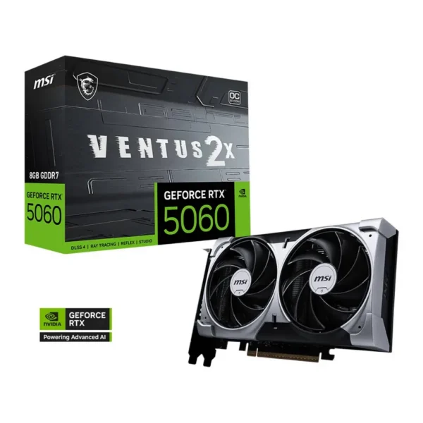 MSI GeForce RTX 5060 VENTUS 2X OC Graphics Card, 8GB GDDR7 128-Bit Memory, 2527 MHz Boost Clock, 28 Gbps Memory Speed, 3840 CUDA Cores, PCI Express Ge – Main image MSI GeForce RTX 5060 VENTUS 2X OC Graphics Card, 8GB GDDR7 128-Bit Memory, 2527 MHz Boost Clock, 28 Gbps Memory Speed, 3840 CUDA Cores, PCI Express Ge – Main image