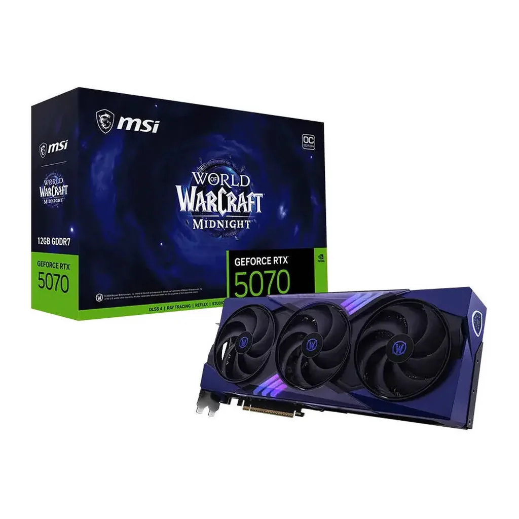 MSI GeForce RTX 5070 World of Warcraft Midnight Void Edition OC Graphics Card, 12GB GDDR7 192-Bit Memory, 2610 MHz Boost Clock, 28 Gbps Memory Speed, – Main image MSI GeForce RTX 5070 World of Warcraft Midnight Void Edition OC Graphics Card, 12GB GDDR7 192-Bit Memory, 2610 MHz Boost Clock, 28 Gbps Memory Speed, – Main image